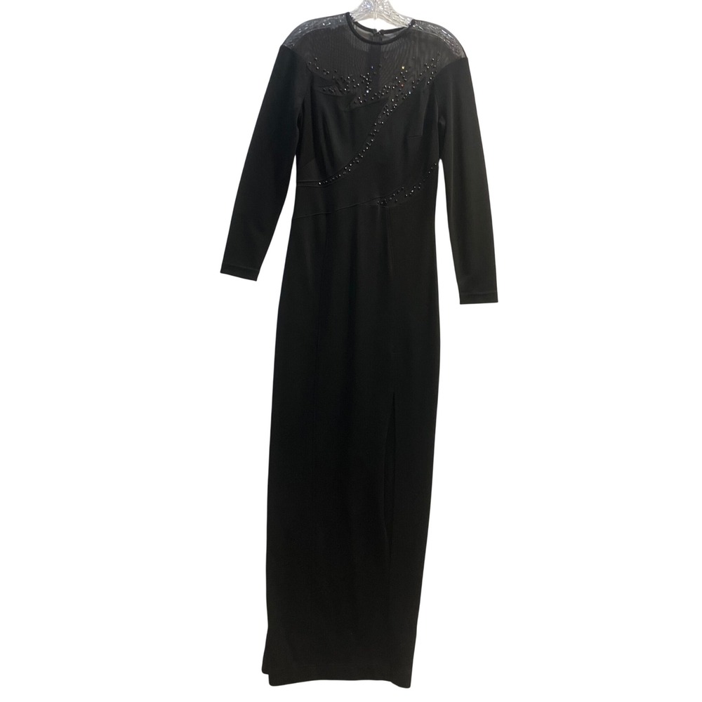 Tadashi Vintage Black Sheer Mesh Rhinestone‎ Long Sleeve Maxi Dress Slit Large